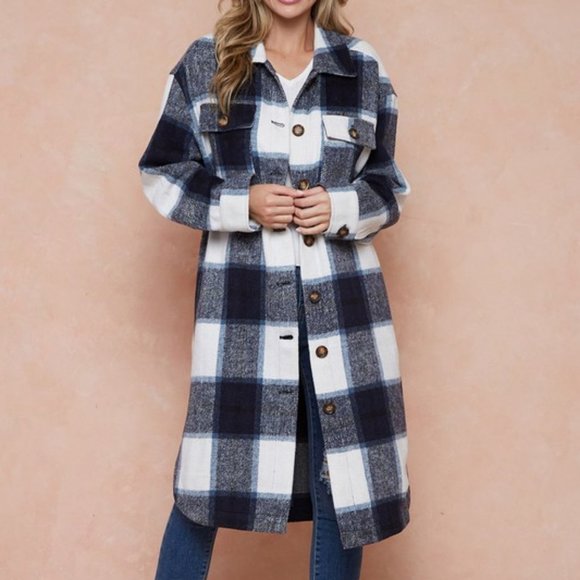 Brushed Flannel Plaid Button Long Coats - Picture 5 of 11